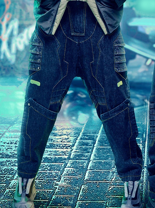 Functional Style Street Loose Mecha High Waist Dropped Crotch Style Cyberpunk Denim Trousers