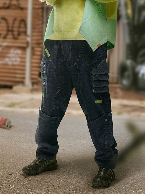 Functional Style Street Loose Mecha High Waist Dropped Crotch Style Cyberpunk Denim Trousers