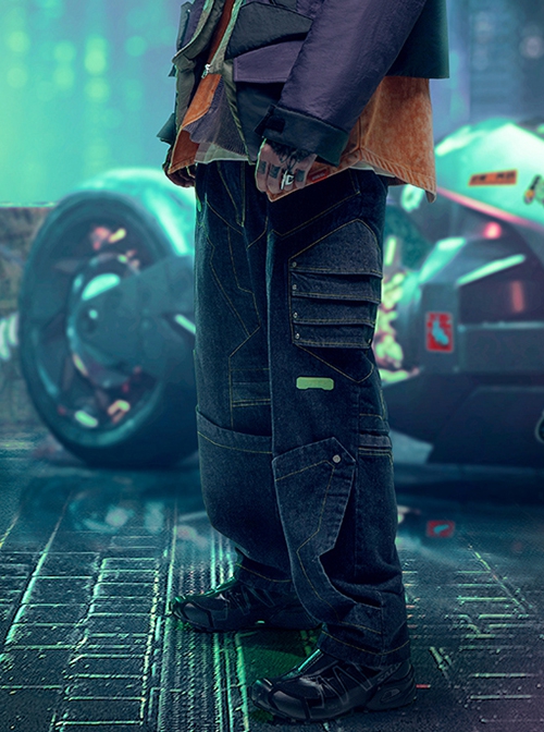 Functional Style Street Loose Mecha High Waist Dropped Crotch Style Cyberpunk Denim Trousers