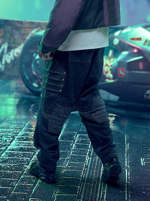 Functional Style Street Loose Mecha High Waist Dropped Crotch Style Cyberpunk Denim Trousers