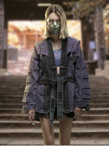Japanese Style Functional Armor Purple Black Stitching Washed Craft Detachable Collar Cyberpunk Denim Taoist Robe