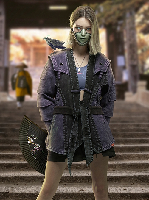 Japanese Style Functional Armor Purple Black Stitching Washed Craft Detachable Collar Cyberpunk Denim Taoist Robe