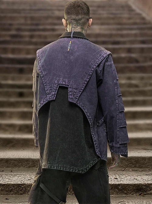 Japanese Style Functional Armor Purple Black Stitching Washed Craft Detachable Collar Cyberpunk Denim Taoist Robe