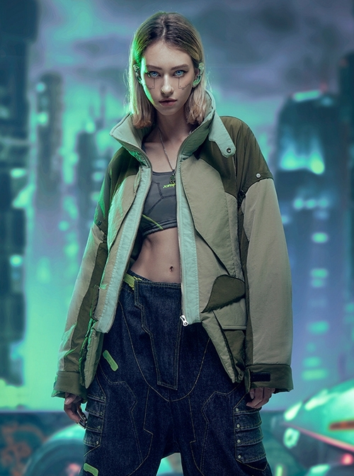 Autumn Winter Street Urban Functional Style High Collar Color Matching Design Loose Padded Cyberpunk Short Jacket