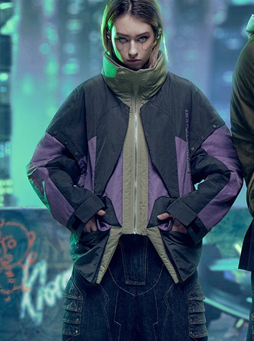 Autumn Winter Street Urban Functional Style High Collar Color Matching Design Loose Padded Cyberpunk Short Jacket
