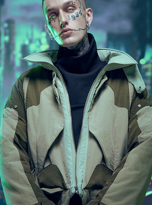 Autumn Winter Street Urban Functional Style High Collar Color Matching Design Loose Padded Cyberpunk Short Jacket
