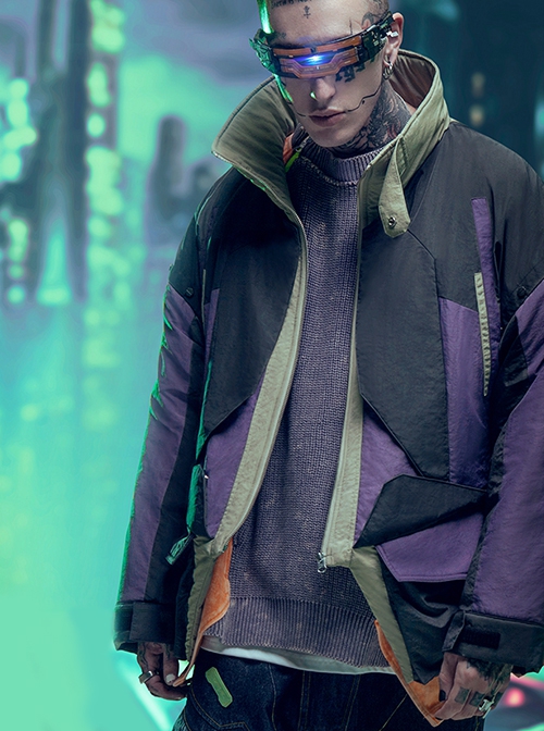 Autumn Winter Street Urban Functional Style High Collar Color Matching Design Loose Padded Cyberpunk Short Jacket