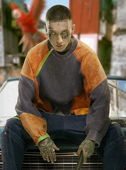Autumn Winter Street Loose Round Neck Pullover Color Matching Splicing Cyberpunk Long Sleeves Sweater
