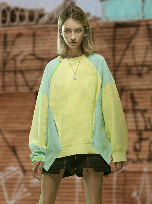 Autumn Winter Street Loose Round Neck Pullover Color Matching Splicing Cyberpunk Long Sleeves Sweater