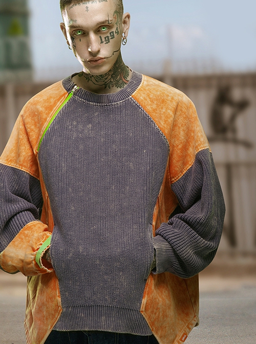 Autumn Winter Street Loose Round Neck Pullover Color Matching Splicing Cyberpunk Long Sleeves Sweater