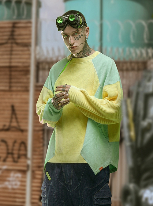 Autumn Winter Street Loose Round Neck Pullover Color Matching Splicing Cyberpunk Long Sleeves Sweater