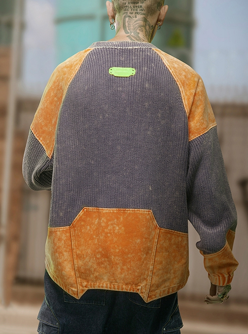 Autumn Winter Street Loose Round Neck Pullover Color Matching Splicing Cyberpunk Long Sleeves Sweater