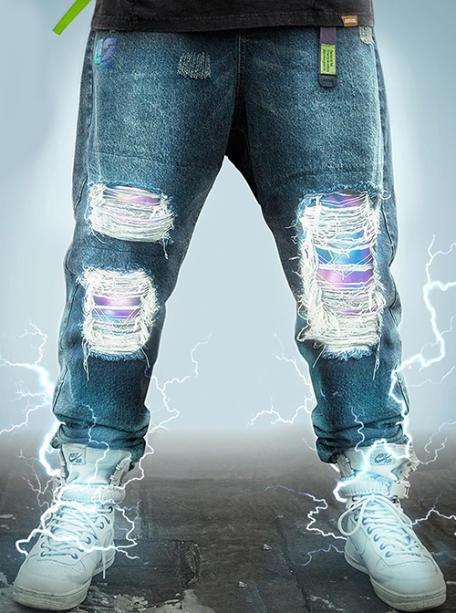 Autumn Winter Functional Style Loose Street Drop Crotch Version Ripped Reflective Laser Bottom Cyberpunk Denim Trousers