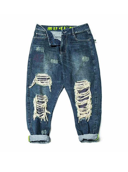 Autumn Winter Functional Style Loose Street Drop Crotch Version Ripped Reflective Laser Bottom Cyberpunk Denim Trousers
