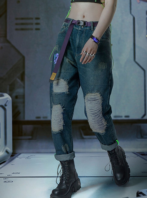 Autumn Winter Functional Style Loose Street Drop Crotch Version Ripped Reflective Laser Bottom Cyberpunk Denim Trousers