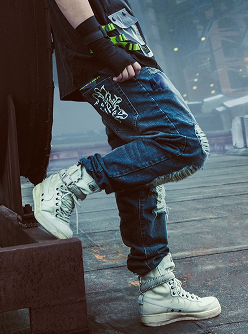 Autumn Winter Functional Style Loose Street Drop Crotch Version Ripped Reflective Laser Bottom Cyberpunk Denim Trousers