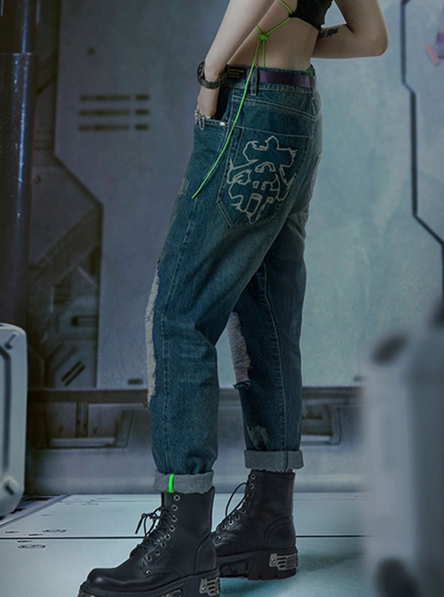 Autumn Winter Functional Style Loose Street Drop Crotch Version Ripped Reflective Laser Bottom Cyberpunk Denim Trousers