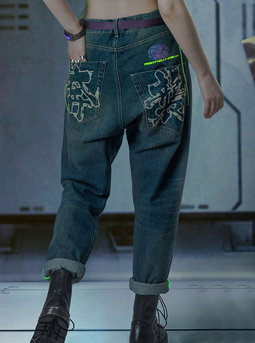 Autumn Winter Functional Style Loose Street Drop Crotch Version Ripped Reflective Laser Bottom Cyberpunk Denim Trousers