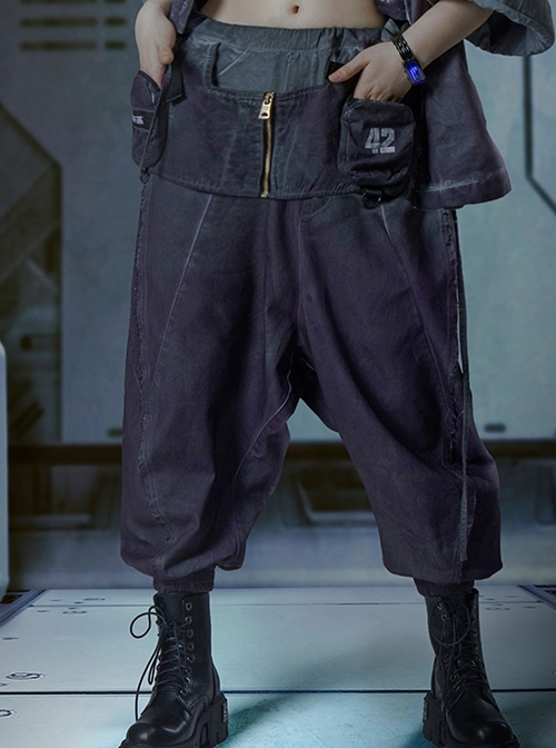 Japanese Style Spring Summer Purple Washed Gradient Functional Street Dropped Crotch Side Waist Lace-Up Cyberpunk Samurai Pants