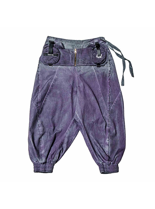 Japanese Style Spring Summer Purple Washed Gradient Functional Street Dropped Crotch Side Waist Lace-Up Cyberpunk Samurai Pants