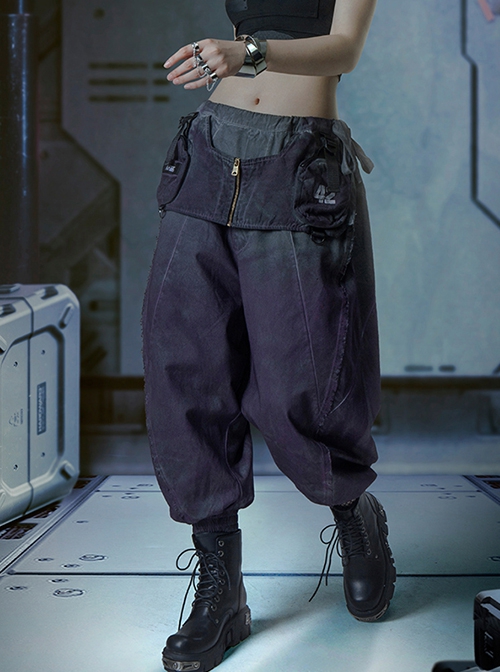 Japanese Style Spring Summer Purple Washed Gradient Functional Street Dropped Crotch Side Waist Lace-Up Cyberpunk Samurai Pants