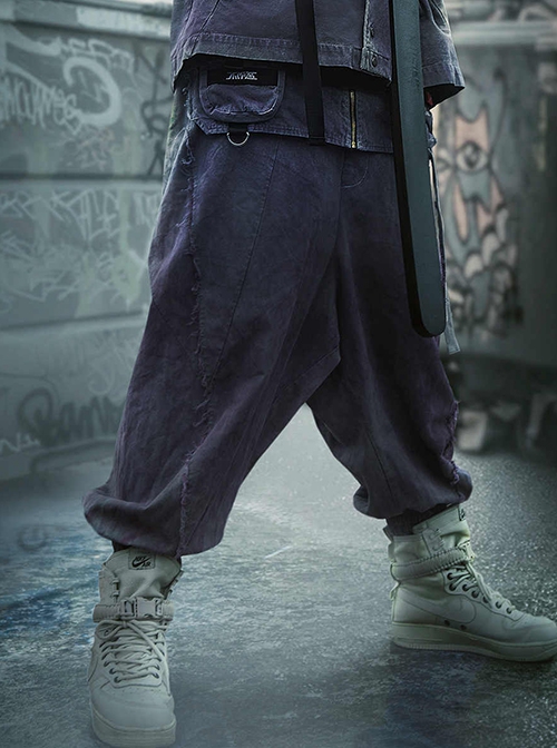 Japanese Style Spring Summer Purple Washed Gradient Functional Street Dropped Crotch Side Waist Lace-Up Cyberpunk Samurai Pants