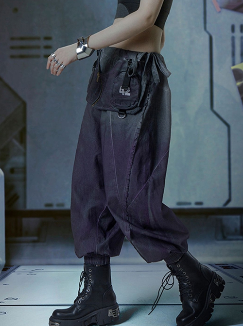 Japanese Style Spring Summer Purple Washed Gradient Functional Street Dropped Crotch Side Waist Lace-Up Cyberpunk Samurai Pants