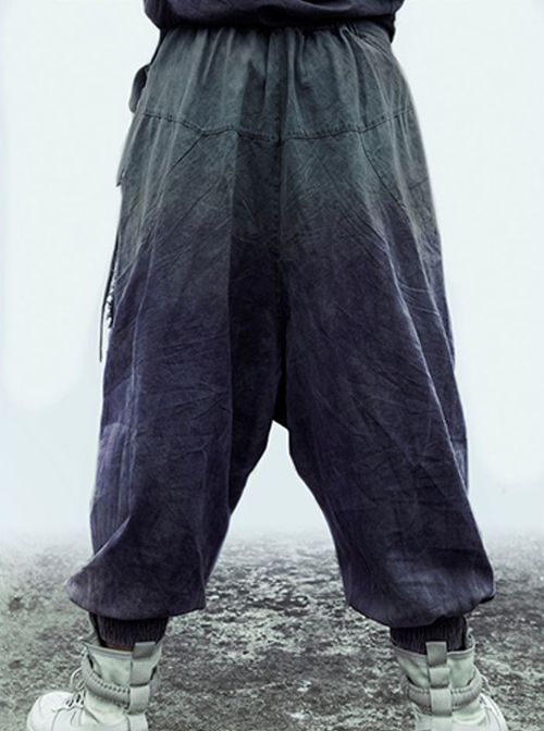 Japanese Style Spring Summer Purple Washed Gradient Functional Street Dropped Crotch Side Waist Lace-Up Cyberpunk Samurai Pants