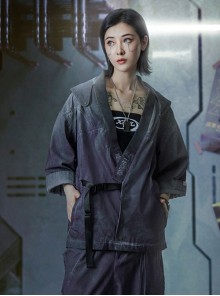 Autumn Japanese Style Purple Gradient Washed Functional Street Drop Shoulder Half Sleeves Cardigan Cyberpunk Hooded Taoist Robe