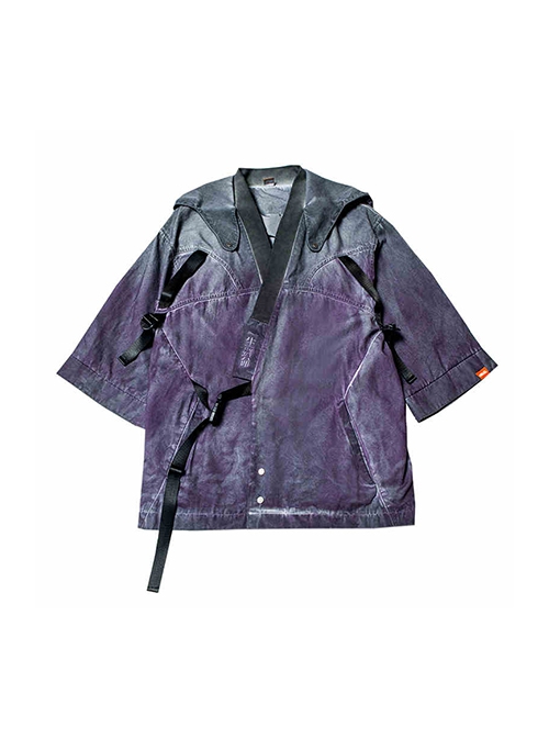 Autumn Japanese Style Purple Gradient Washed Functional Street Drop Shoulder Half Sleeves Cardigan Cyberpunk Hooded Taoist Robe