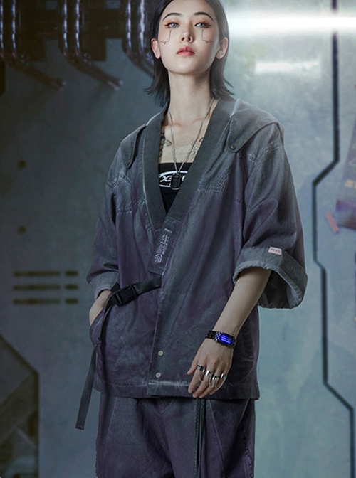 Autumn Japanese Style Purple Gradient Washed Functional Street Drop Shoulder Half Sleeves Cardigan Cyberpunk Hooded Taoist Robe