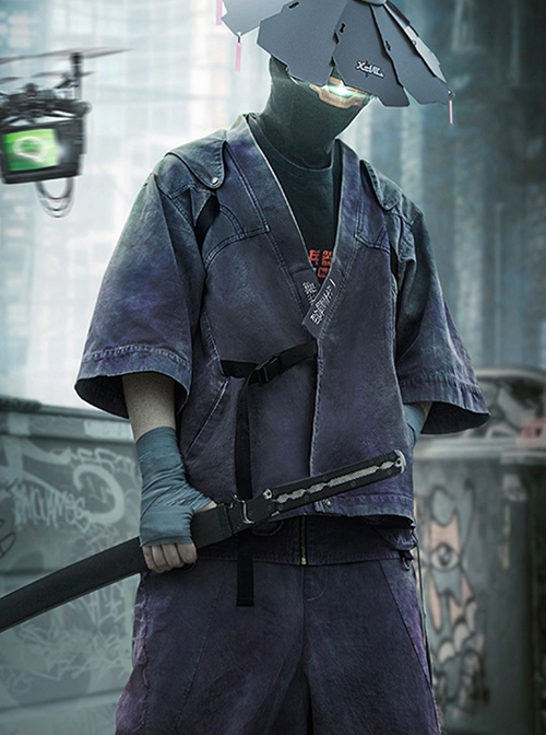 Autumn Japanese Style Purple Gradient Washed Functional Street Drop Shoulder Half Sleeves Cardigan Cyberpunk Hooded Taoist Robe