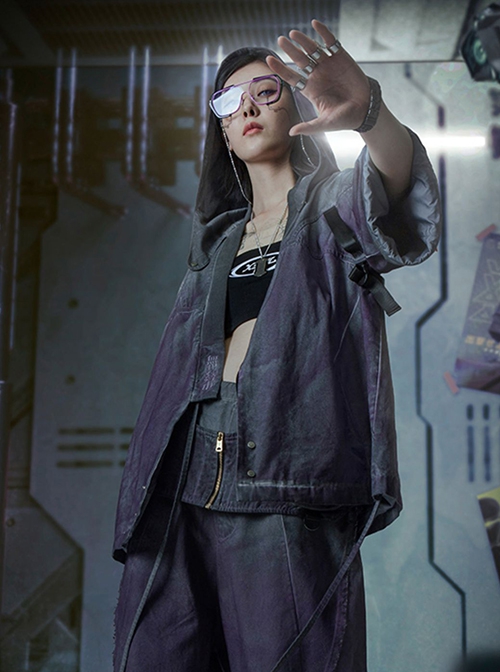 Autumn Japanese Style Purple Gradient Washed Functional Street Drop Shoulder Half Sleeves Cardigan Cyberpunk Hooded Taoist Robe