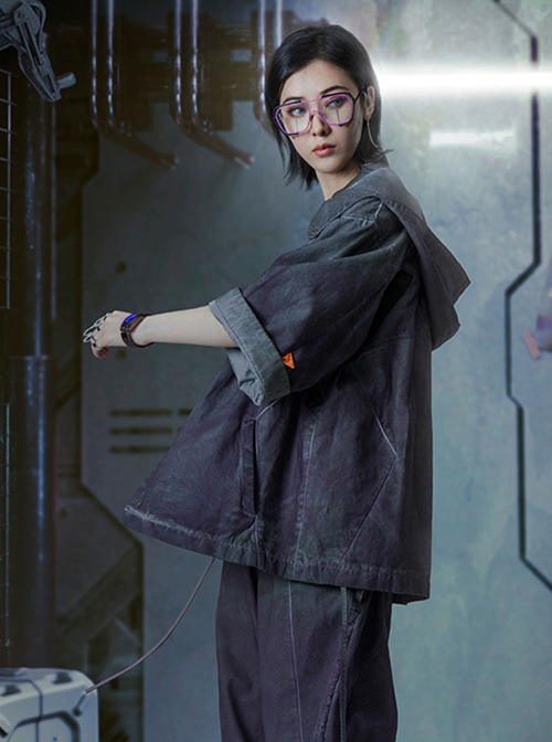 Autumn Japanese Style Purple Gradient Washed Functional Street Drop Shoulder Half Sleeves Cardigan Cyberpunk Hooded Taoist Robe