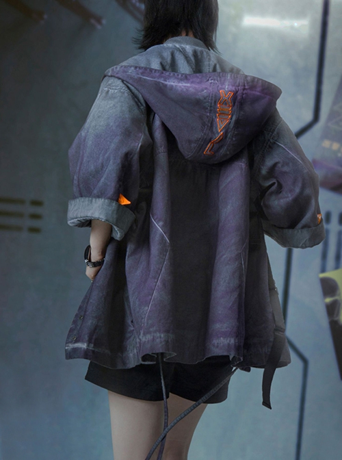 Autumn Japanese Style Purple Gradient Washed Functional Street Drop Shoulder Half Sleeves Cardigan Cyberpunk Hooded Taoist Robe