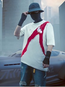Prosthetic Heart Digital Printing Summer Functional Style Loose Street Round Neck Splicing Design Cyberpunk Short Sleeves T-shirt