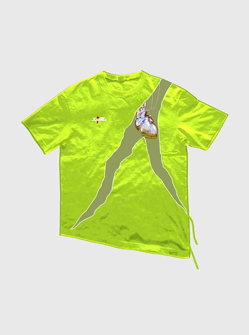 Prosthetic Heart Digital Printing Summer Functional Style Loose Street Round Neck Splicing Design Cyberpunk Short Sleeves T-shirt