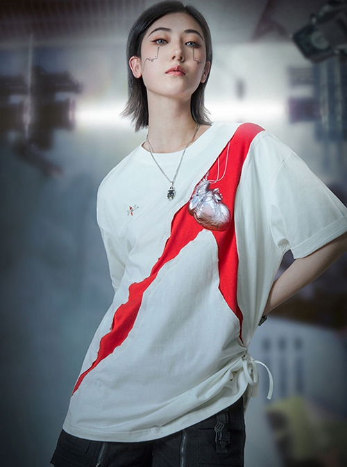 Prosthetic Heart Digital Printing Summer Functional Style Loose Street Round Neck Splicing Design Cyberpunk Short Sleeves T-shirt