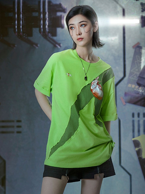 Prosthetic Heart Digital Printing Summer Functional Style Loose Street Round Neck Splicing Design Cyberpunk Short Sleeves T-shirt