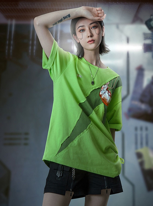 Prosthetic Heart Digital Printing Summer Functional Style Loose Street Round Neck Splicing Design Cyberpunk Short Sleeves T-shirt