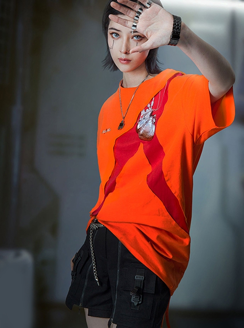 Prosthetic Heart Digital Printing Summer Functional Style Loose Street Round Neck Splicing Design Cyberpunk Short Sleeves T-shirt