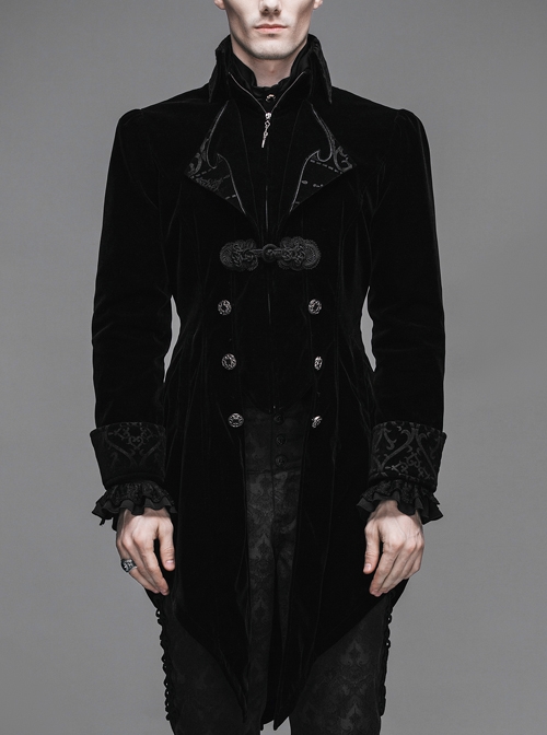 Gothic Carved Button Embroidered Collar Black Velveteen Dovetail Men Coat