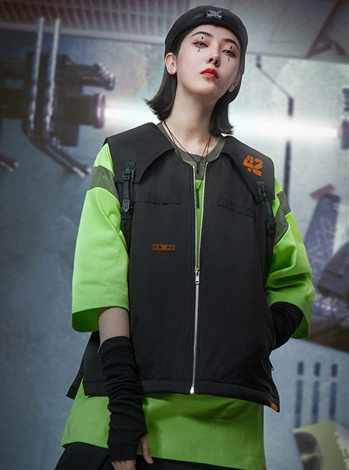 Autumn Winter Black Functional Style Filling Cotton Warm V-Neck Zipper Cyberpunk Short Sports Vest