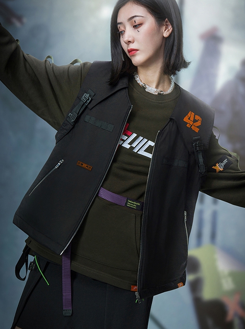 Autumn Winter Black Functional Style Filling Cotton Warm V-Neck Zipper Cyberpunk Short Sports Vest