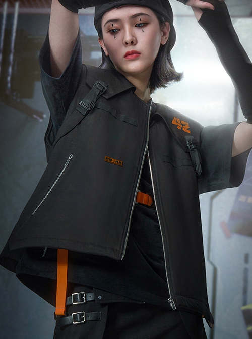 Autumn Winter Black Functional Style Filling Cotton Warm V-Neck Zipper Cyberpunk Short Sports Vest
