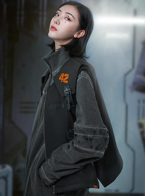 Autumn Winter Black Functional Style Filling Cotton Warm V-Neck Zipper Cyberpunk Short Sports Vest