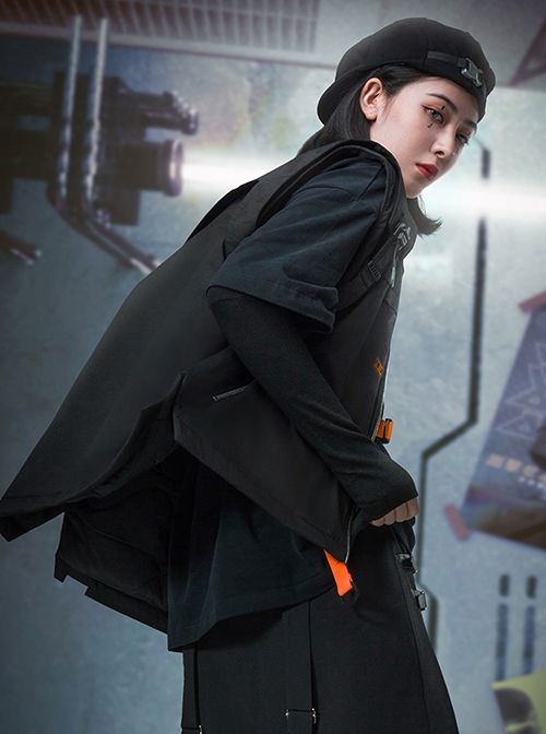 Autumn Winter Black Functional Style Filling Cotton Warm V-Neck Zipper Cyberpunk Short Sports Vest