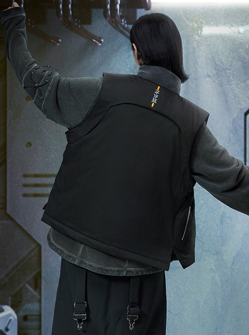 Autumn Winter Black Functional Style Filling Cotton Warm V-Neck Zipper Cyberpunk Short Sports Vest