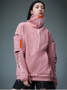 Urban Functional Style Suede High Collar Lapel Dropped Shoulder Forearm Drawstring Cyberpunk Long Sleeves Pullover Sweatshirt