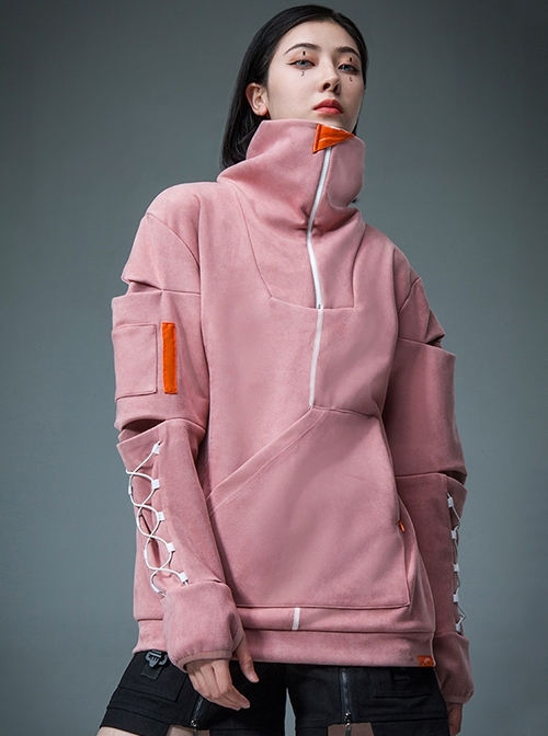Urban Functional Style Suede High Collar Lapel Dropped Shoulder Forearm Drawstring Cyberpunk Long Sleeves Pullover Sweatshirt